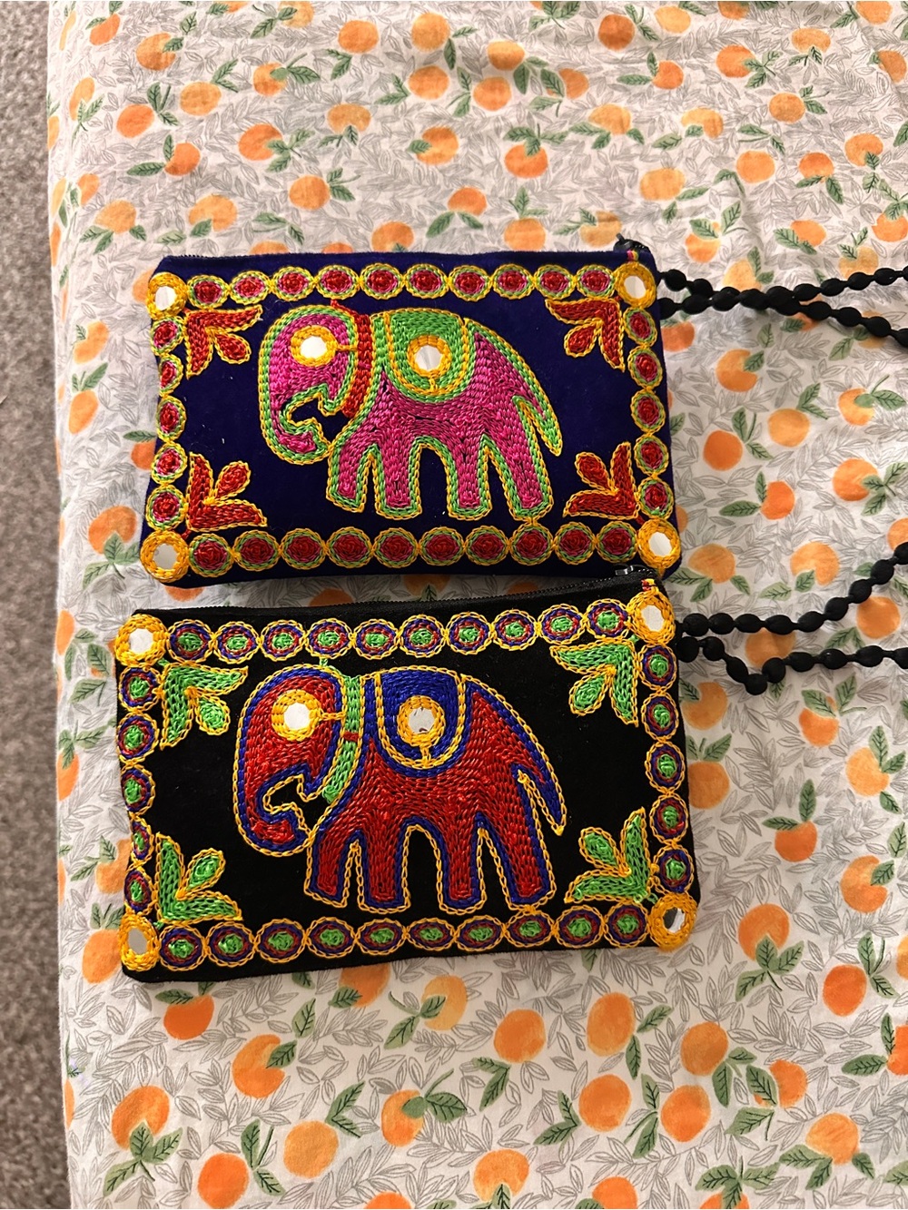 Embroidered Elephant Wristlet Clutch in Black & Navy